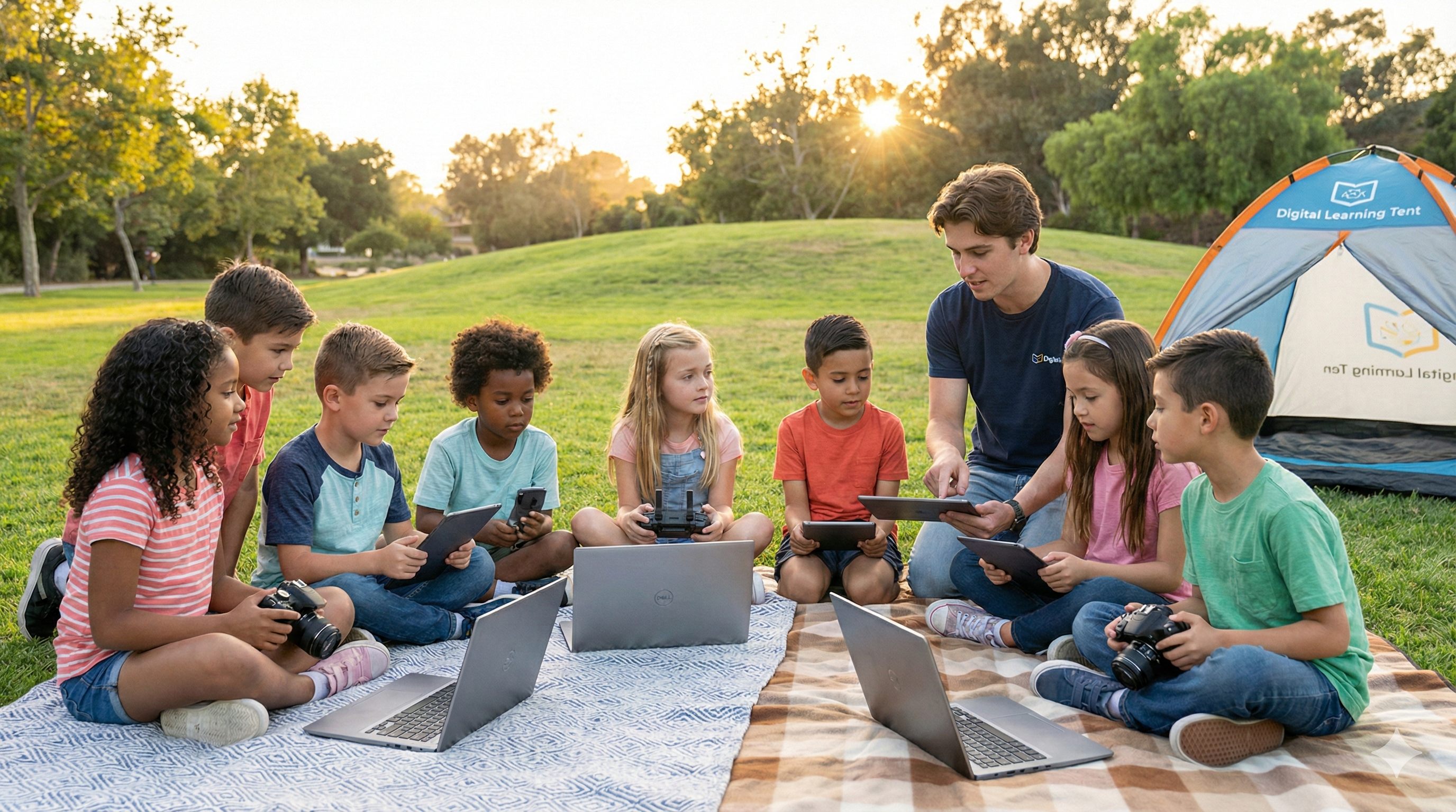 Kids creating digital art and videos on laptops and tablets